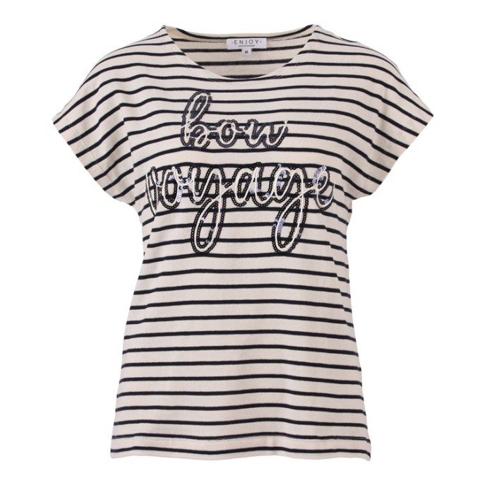 Enjoy T-shirt Bon Voyage streep Marine Ecru